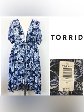 🆕TORRID - 3/4X - NWT - FLORAL BLUE WHITE MAXI HI-LO KIMONO CARDIGAN / KAFTAN